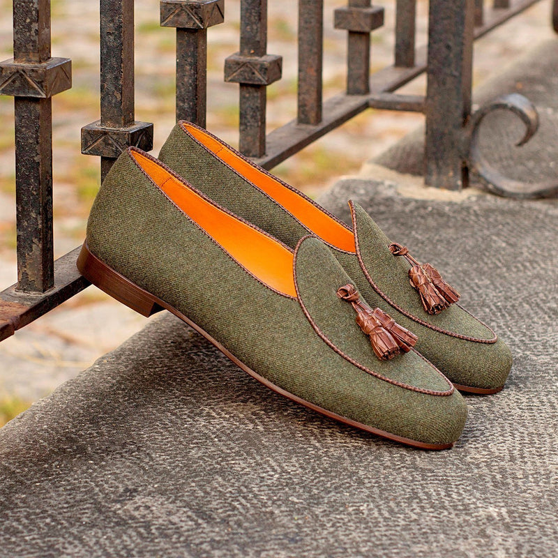 Ambrogio 4156 Bespoke Custom Men's Shoes Brown & Green Fabric / Crocodile Print/ Pebble Grain Leather Belgian Loafers (AMB1765)-AmbrogioShoes