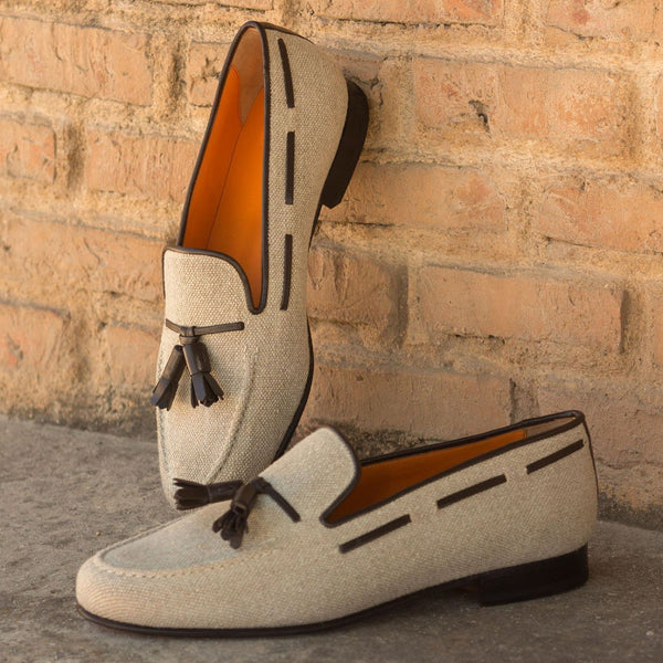 Ambrogio 2103 Bespoke Custom Men's Shoes Brown & Ice Beige Linen / Calf-Skin Leather Wellington Loafers (AMB1771)-AmbrogioShoes