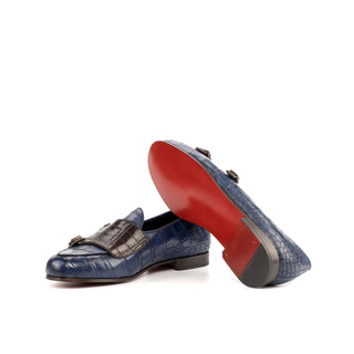 Ambrogio 4491 Bespoke Custom Men's Shoes Brown & Navy Crocodile Print / Calf-Skin Leather Monk-Strap Slip-On Loafers (AMB1696)-AmbrogioShoes