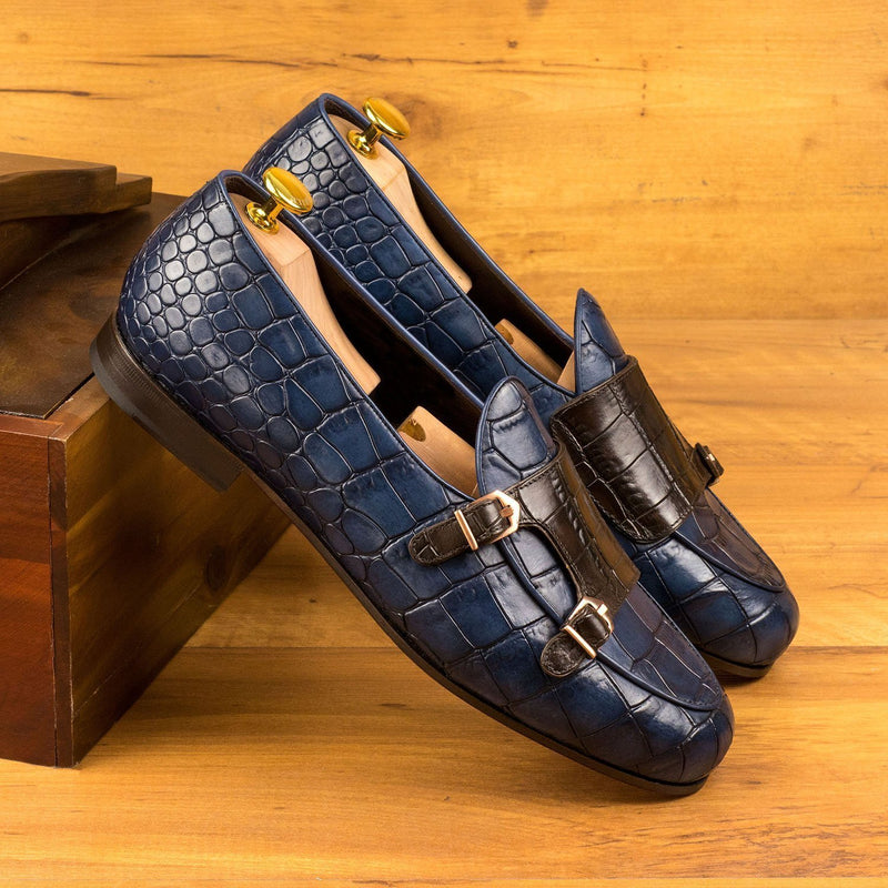 Ambrogio 4491 Bespoke Custom Men's Shoes Brown & Navy Crocodile Print / Calf-Skin Leather Monk-Strap Slip-On Loafers (AMB1696)-AmbrogioShoes
