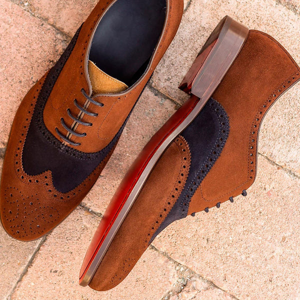 Ambrogio 1632 Bespoke Custom Men's Shoes Brown & Navy Suede Leather Brogue Oxfords (AMB1585)-AmbrogioShoes