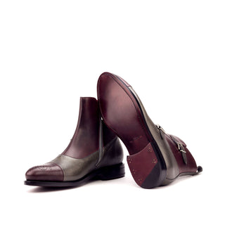 Ambrogio 3258 Bespoke Custom Men's Shoes Burgundy & Gray Full Grain / Calf-Skin Leather Octavian Boots (AMB1713)-AmbrogioShoes
