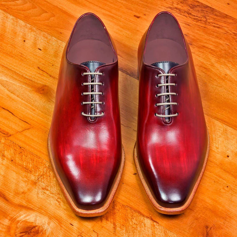 Ambrogio 1940 Bespoke Custom Men's Shoes Burgundy & Gray Patina Leather Whole-Cut Oxfords (AMB1735)-AmbrogioShoes