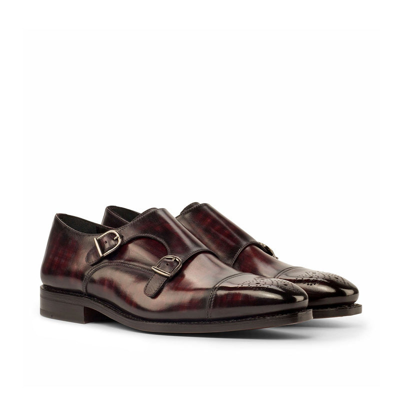 Ambrogio 3800 Bespoke Custom Men's Shoes Burgundy Patina Leather Monk-Straps Loafers (AMB1373)-AmbrogioShoes