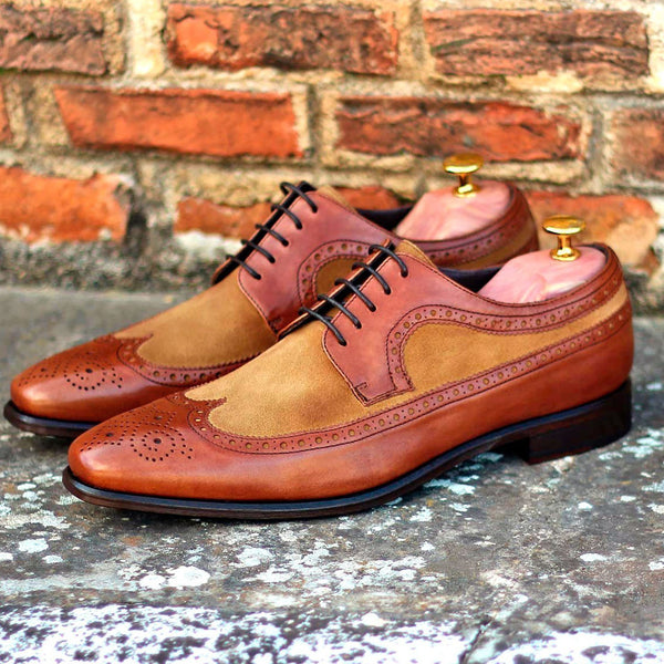 Ambrogio 1866 Bespoke Custom Men's Shoes Camel & Brown Suede / Calf-Skin Leather Longwing Oxfords (AMB1707)-AmbrogioShoes