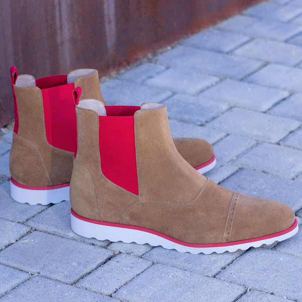 Ambrogio 1981 Bespoke Custom Men's Shoes Camel & Red Suede Leather Chelsea Boots (AMB1586)-AmbrogioShoes