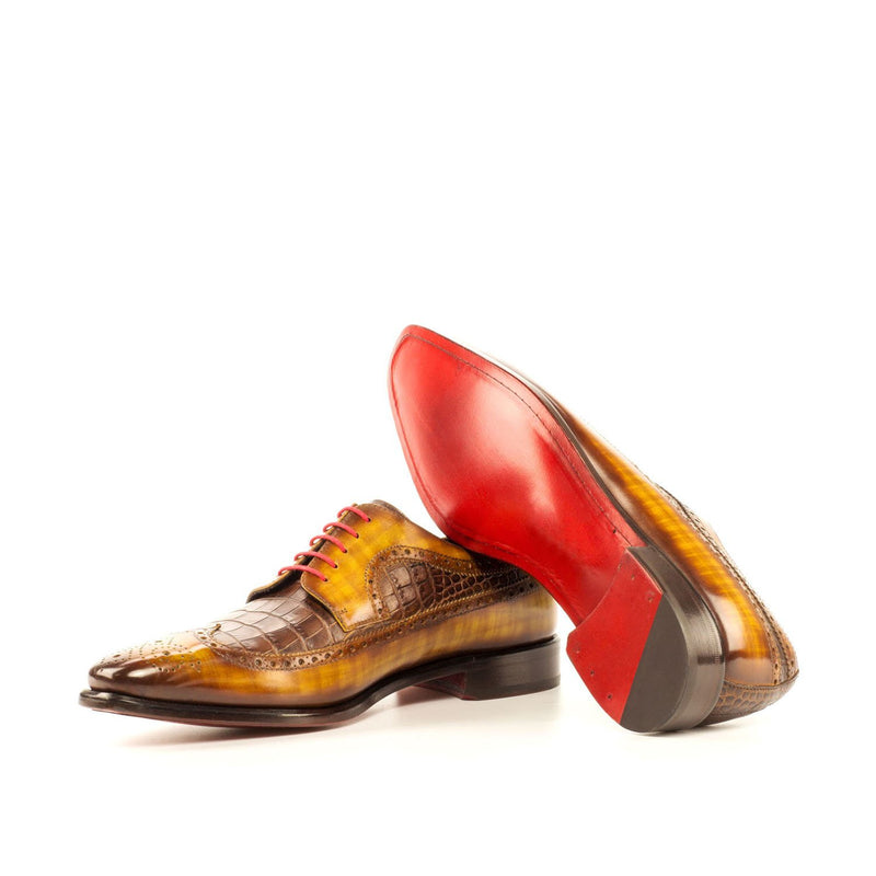 Ambrogio 3786 Bespoke Custom Men's Shoes Cognac & Brown Crocodile Print / Patina Leather Longwing Blucher Oxfords (AMB1376)-AmbrogioShoes
