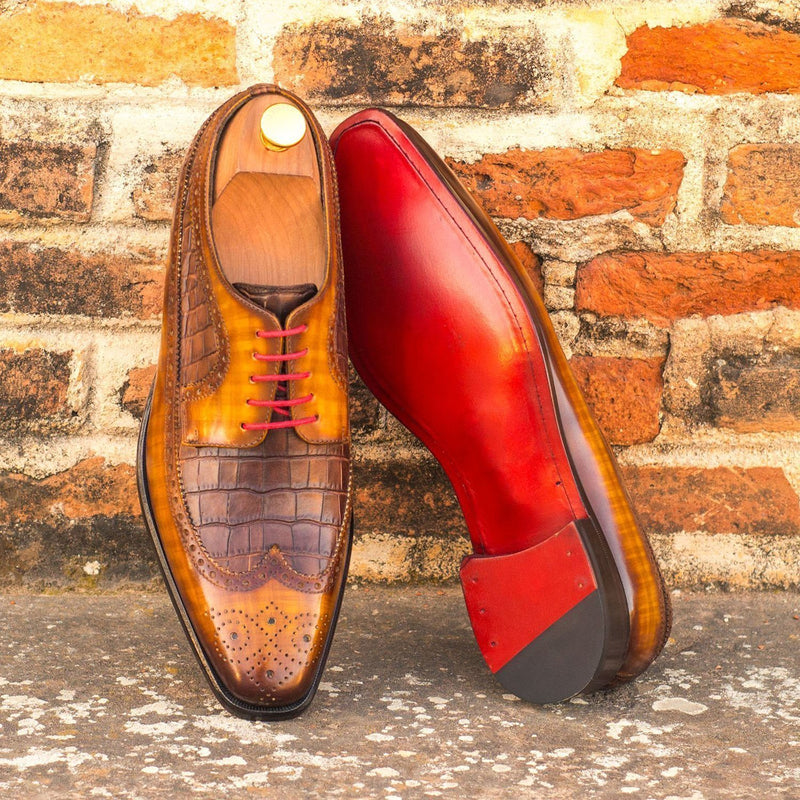 Ambrogio 3786 Bespoke Custom Men's Shoes Cognac & Brown Crocodile Print / Patina Leather Longwing Blucher Oxfords (AMB1376)-AmbrogioShoes