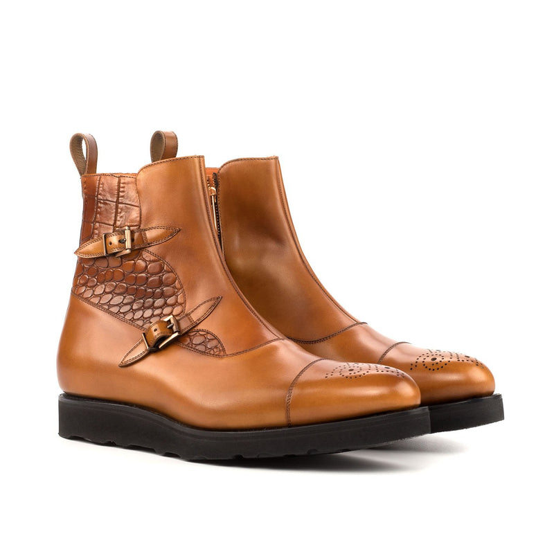 Ambrogio 4539 Bespoke Custom Men's Shoes Cognac Crocodile Print / Polished / Calf-Skin Leather Buckle Boots (AMB1829)-AmbrogioShoes