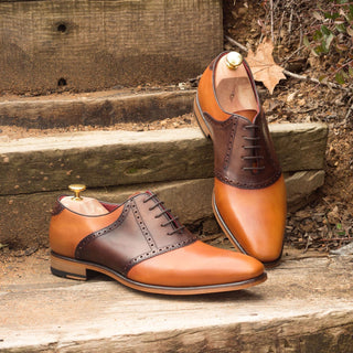 Ambrogio 2618 Bespoke Custom Men's Shoes Cognac & Dark Brown Calf-Skin Leather Saddle Oxfords (AMB1477)-AmbrogioShoes