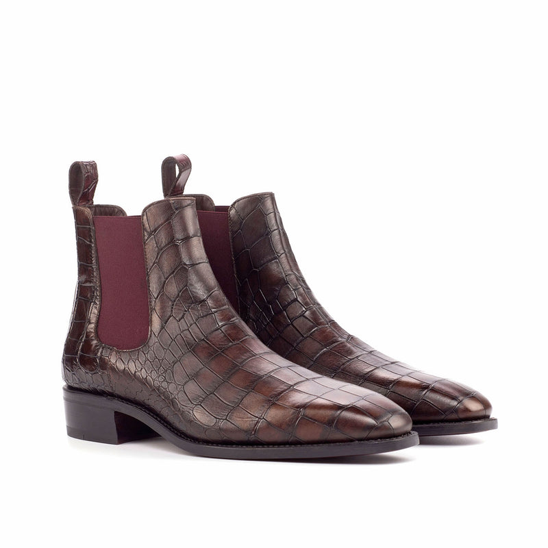 Ambrogio 4603 Bespoke Custom Men's Shoes Dark Brown & Burgundy Crocodile Print / Calf-Skin Leather Chelsea Boots (AMB1809)-AmbrogioShoes