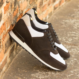 Ambrogio 4520 Bespoke Custom Men's Shoes Dark Brown & White Suede Leather Jogger Sneakers (AMB1851)-AmbrogioShoes