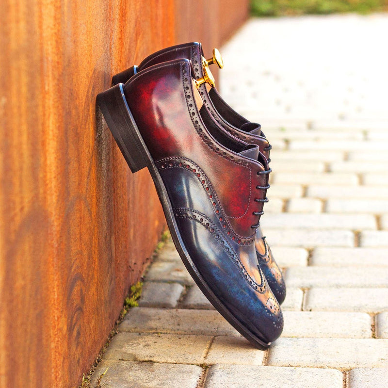 Ambrogio 3200 Bespoke Custom Men's Shoes Denim Blue & Burgundy Patina Leather Oxfords (AMB1412)-AmbrogioShoes