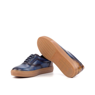 Ambrogio 4504 Bespoke Custom Men's Shoes Denim Blue & Cognac Patina Leather Top Sider Sneakers (AMB1687)-AmbrogioShoes