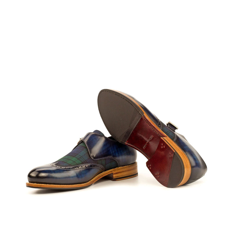 Ambrogio 4272 Bespoke Custom Men's Shoes Denim Blue & Green Fabric / Patina Leather Monk-Straps Loafers (AMB1429)-AmbrogioShoes