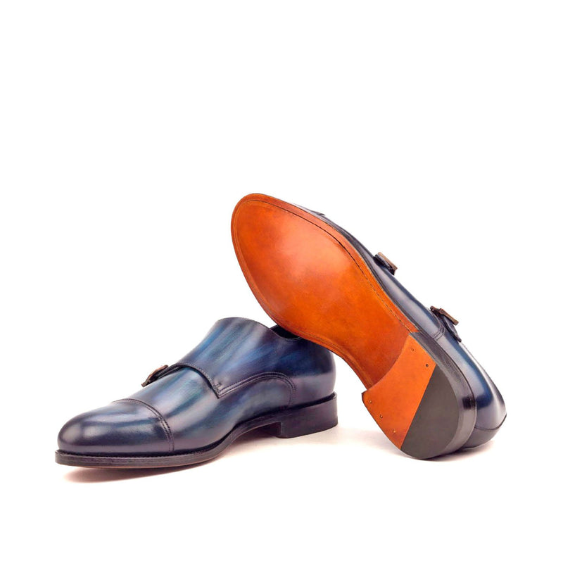 Ambrogio 2576 Bespoke Custom Men's Shoes Denim Blue Patina Leather Monk-Strap Loafers (AMB1425)-AmbrogioShoes
