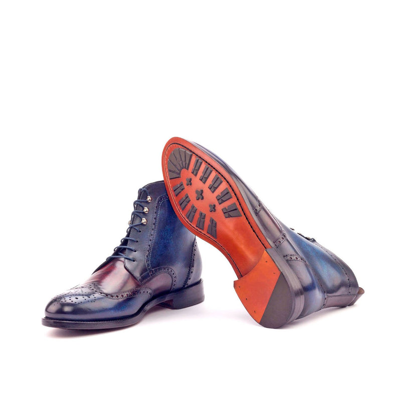 Ambrogio 3024 Bespoke Custom Men's Shoes Denim & Burgundy Patina Leather Military Brogue Boots (AMB1528)-AmbrogioShoes