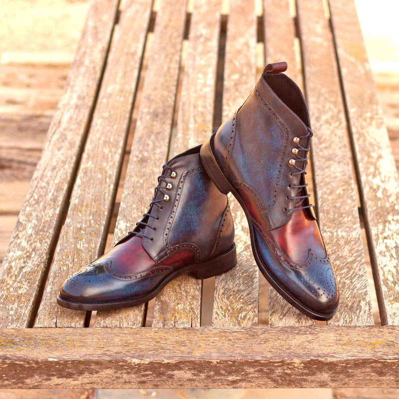 Ambrogio 3024 Bespoke Custom Men's Shoes Denim & Burgundy Patina Leather Military Brogue Boots (AMB1528)-AmbrogioShoes