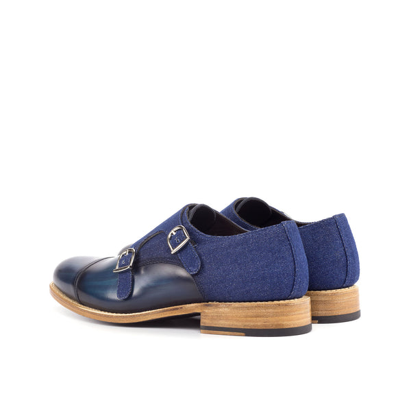 Ambrogio 4619 Bespoke Custom Men's Shoes Denim & Jeans Fabric / Patina Leather Monk-Straps Loafers (AMB1817)-AmbrogioShoes
