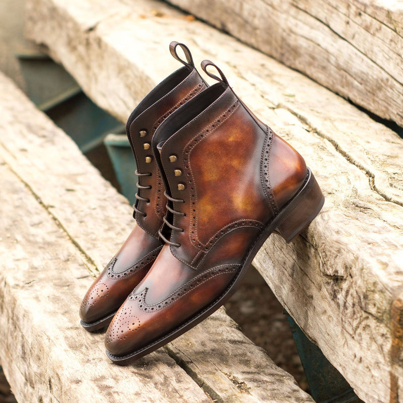 Ambrogio 4605 Bespoke Custom Men's Shoes Fire Orange Patina Leather Military Brogue Boots (AMB1811)-AmbrogioShoes