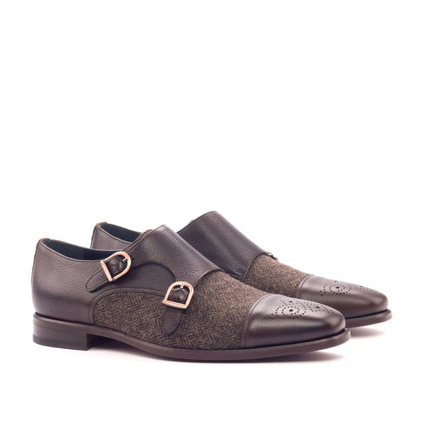 Ambrogio 3095 Bespoke Custom Men's Shoes Gray & Brown Fabric / Calf-Skin Leather Monk-Straps Loafers (AMB1348)-AmbrogioShoes
