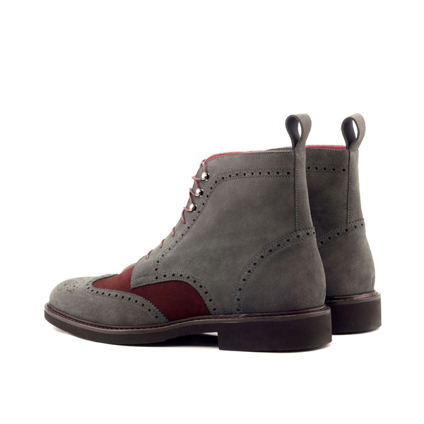 Ambrogio 2916 Bespoke Custom Men's Shoes Gray & Burgundy Suede Leather Military Brogue Boots (AMB1519)-AmbrogioShoes