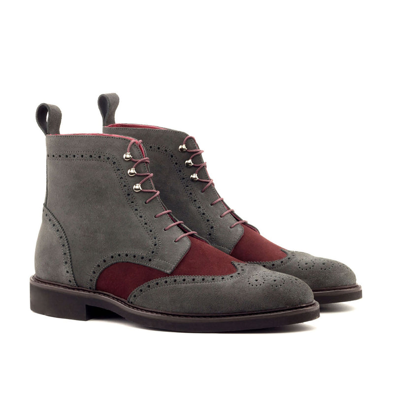 Ambrogio 2916 Bespoke Custom Men's Shoes Gray & Burgundy Suede Leather Military Brogue Boots (AMB1519)-AmbrogioShoes