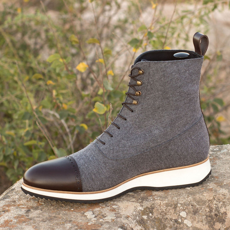 Ambrogio 3665 Bespoke Custom Men's Shoes Gray & Dark Brown Fabric / Calf-Skin Leather Balmoral Boots (AMB1581)-AmbrogioShoes