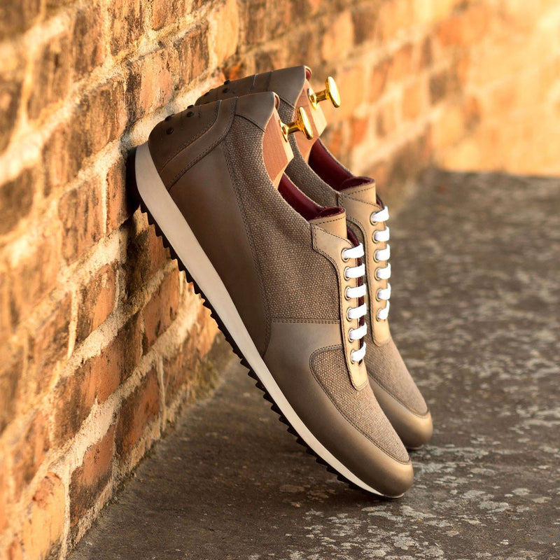 Ambrogio 3183 Bespoke Custom Men's Shoes Gray Linen / Calf-Skin Leather Corsini Casual Sneakers (AMB1593)-AmbrogioShoes