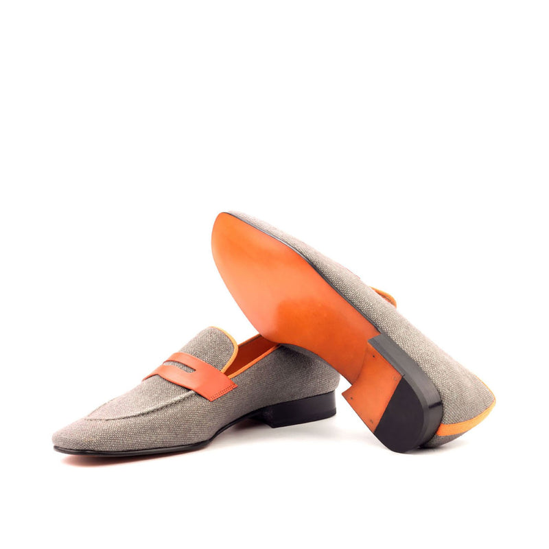 Ambrogio 2753 Bespoke Custom Men's Shoes Gray & Orange Linen / Calf-Skin Leather Penny Loafers (AMB1476)-AmbrogioShoes