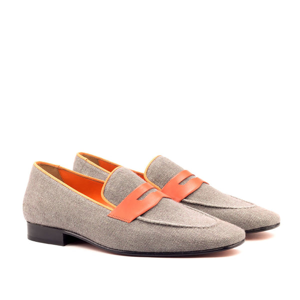 Ambrogio 2753 Bespoke Custom Men's Shoes Gray & Orange Linen / Calf-Skin Leather Penny Loafers (AMB1476)-AmbrogioShoes