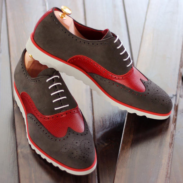 Ambrogio 1883 Bespoke Custom Men's Shoes Gray & Red Suede / Pebble Grain Calf-Skin Leather Brogue Oxfords (AMB1566)-AmbrogioShoes