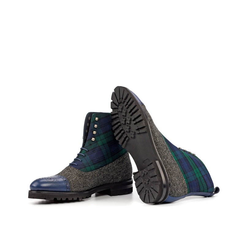 Ambrogio 4566 Bespoke Custom Men's Shoes Green, Black & Navy Fabric / Calf-Skin Leather Balmoral Boots (AMB1840)-AmbrogioShoes