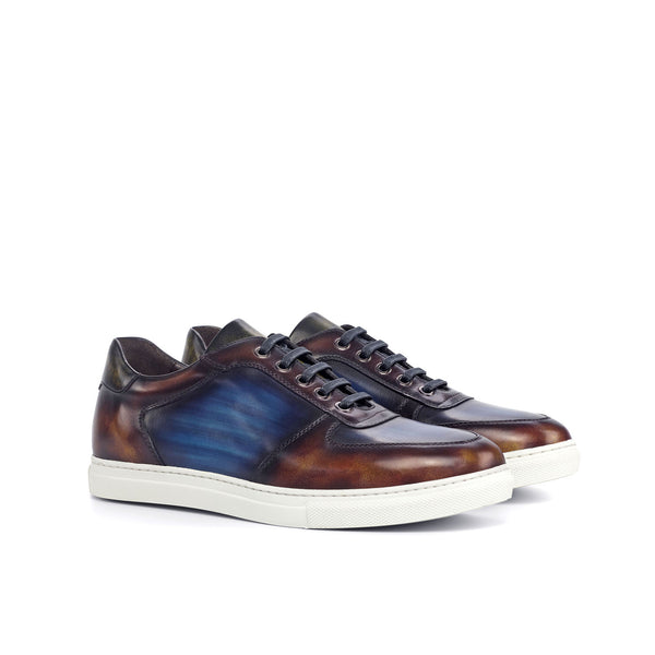 Ambrogio 4576 Bespoke Custom Men's Shoes Khaki, Denim & Fire Patina Leather Casual Sneakers (AMB1831)-AmbrogioShoes