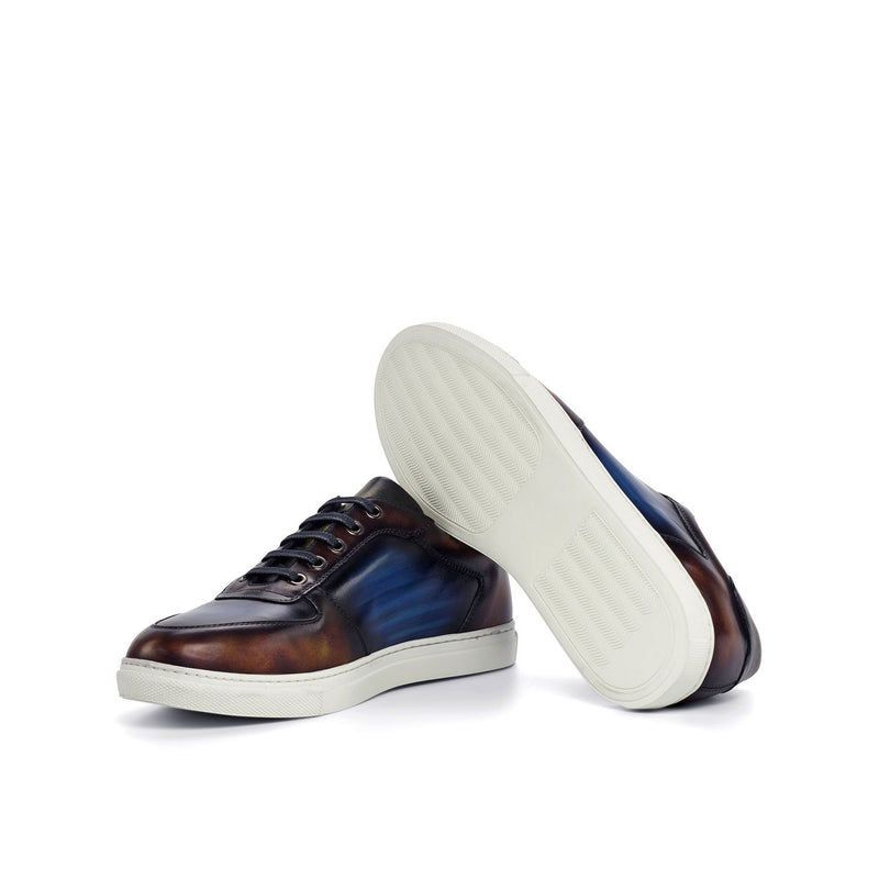 Ambrogio 4576 Bespoke Custom Men's Shoes Khaki, Denim & Fire Patina Leather Casual Sneakers (AMB1831)-AmbrogioShoes