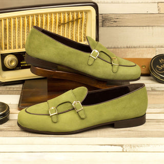 Ambrogio 4357 Bespoke Custom Men's Shoes Khaki Green Suede Leather Monk-Straps Loafers (AMB1677)-AmbrogioShoes