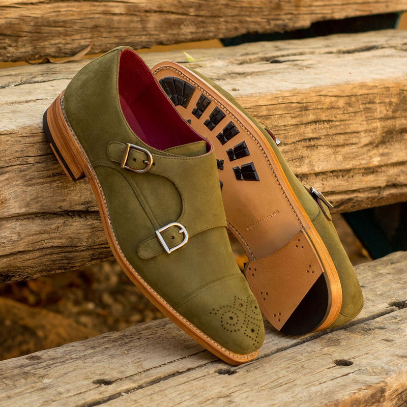 Ambrogio 3470 Bespoke Custom Men's Shoes Khaki Green Suede Leather Monk-Straps Loafers (AMB1384)-AmbrogioShoes