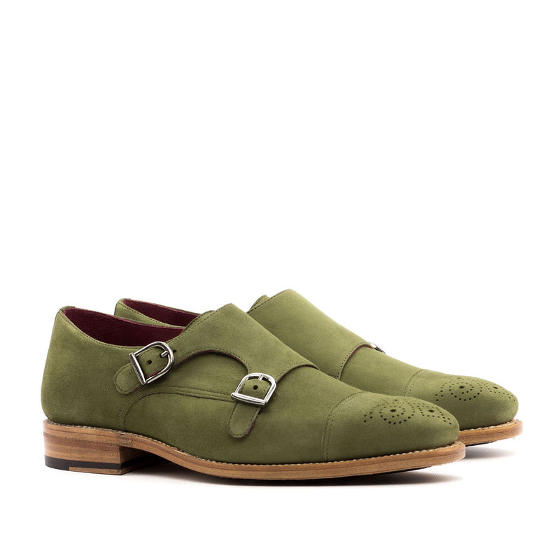 Ambrogio 3470 Bespoke Custom Men's Shoes Khaki Green Suede Leather Monk-Straps Loafers (AMB1384)-AmbrogioShoes