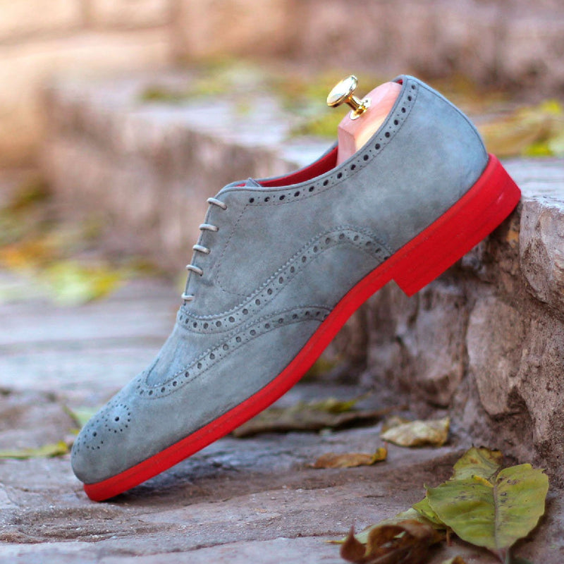 Ambrogio 1626 Bespoke Custom Men's Shoes Light Gray Suede Leather Brogue Oxfords (AMB1575)-AmbrogioShoes