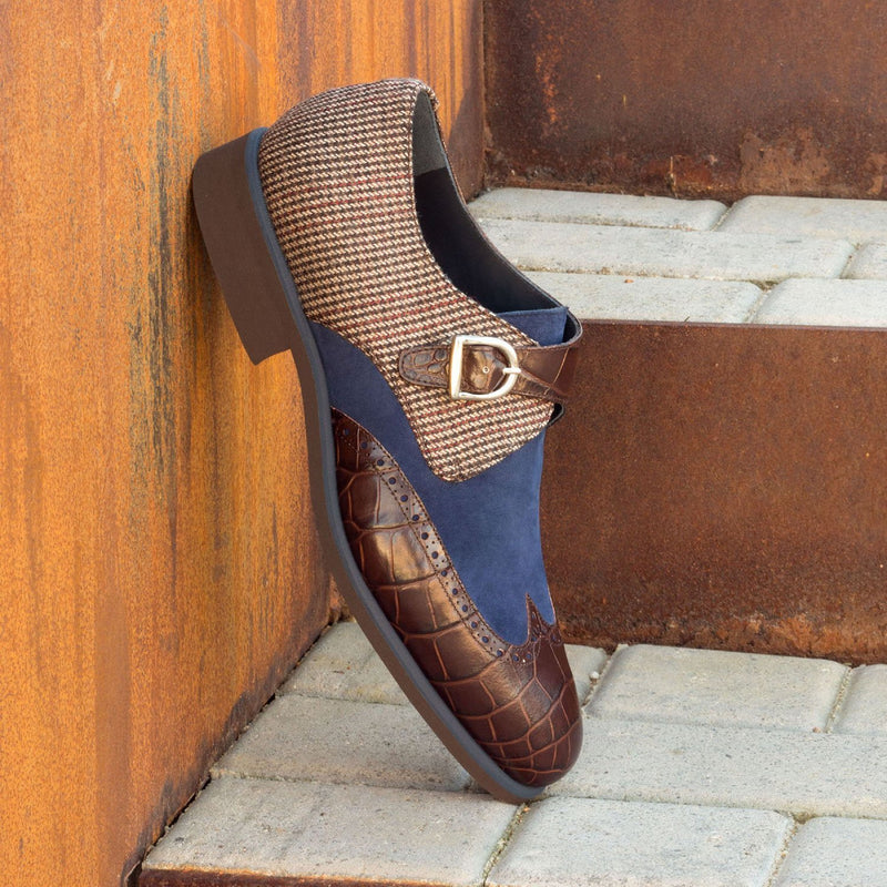 Ambrogio 2588 Bespoke Custom Men's Shoes Multi Color Fabric / Crocodile Print / Suede / Calf-Skin Leather Monk-Strap Loafers (AMB1394)-AmbrogioShoes