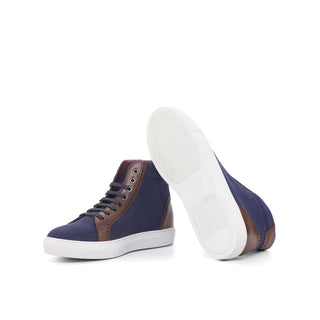 Ambrogio Bespoke Men's Handmade Custom Shoes Navy & Brown Linen Fabric / Calf-Skin Leather High-Top Sneakers (AMB1835)-AmbrogioShoes