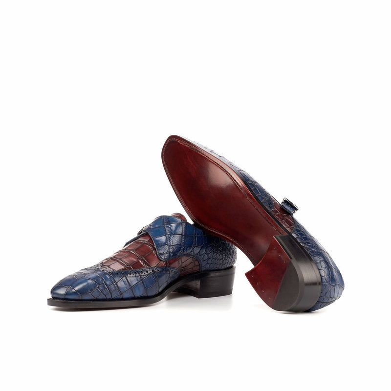 Ambrogio 4598 Bespoke Custom Men's Shoes Navy & Burgundy Crocodile Print / Calf-Skin Leather Monk-Strap Loafers (AMB1808)-AmbrogioShoes
