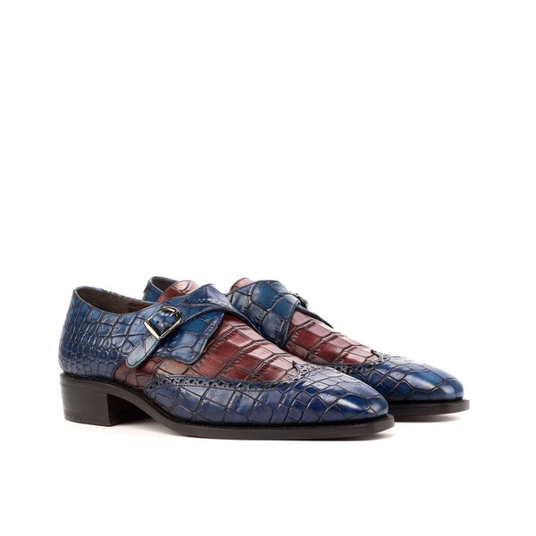 Ambrogio 4598 Bespoke Custom Men's Shoes Navy & Burgundy Crocodile Print / Calf-Skin Leather Monk-Strap Loafers (AMB1808)-AmbrogioShoes