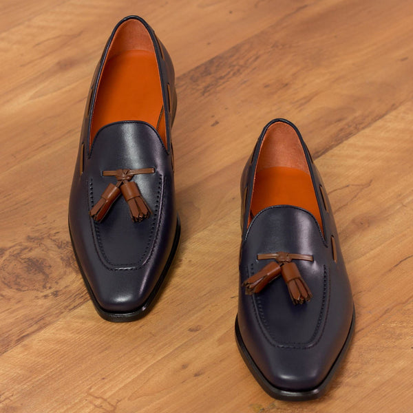 Ambrogio 2077 Bespoke Custom Men's Shoes Navy & Cognac Calf-Skin Leather Tassels Loafers (AMB1733)-AmbrogioShoes