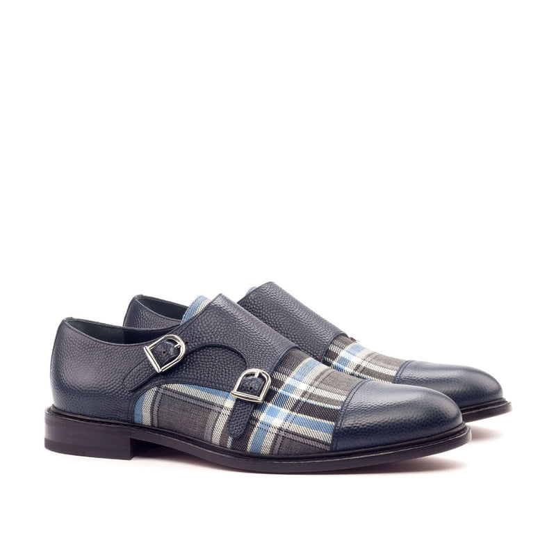 Ambrogio 3090 Bespoke Custom Men's Shoes Navy & Gray Fabric / Pebble Grain / Polished Leather Monk-Straps Loafers (AMB1793)-AmbrogioShoes