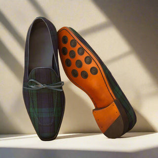 Ambrogio Bespoke Men's Handmade Custom Shoes Navy & Green Blackwatch Sartorial / Calf-Skin Leather Loafers (AMB1358)-AmbrogioShoes