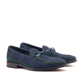 Ambrogio Bespoke Men's Handmade Custom Shoes Navy & Green Blackwatch Sartorial / Calf-Skin Leather Loafers (AMB1358)-AmbrogioShoes