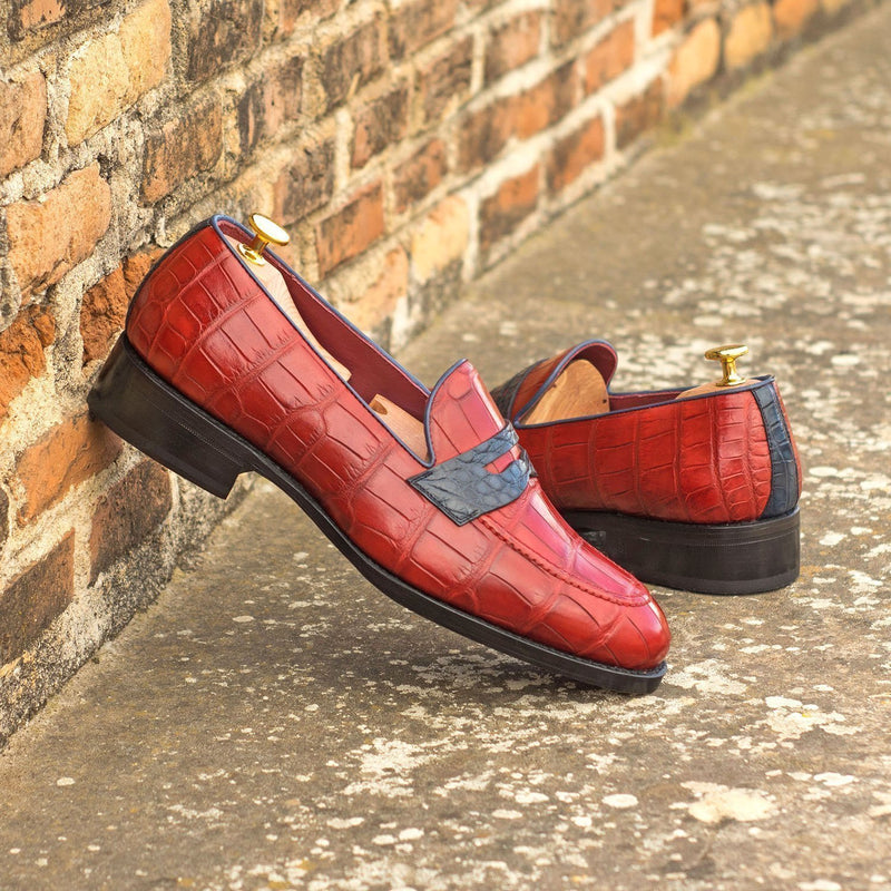 Ambrogio 4621 Bespoke Custom Men's Shoes Navy & Red Exotic Alligator Penny Loafers (AMB1818)-AmbrogioShoes