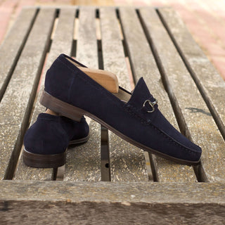 Ambrogio 3789 Bespoke Custom Men's Shoes Navy Suede Leather Moccasin Horsebit Loafers (AMB1613)-AmbrogioShoes
