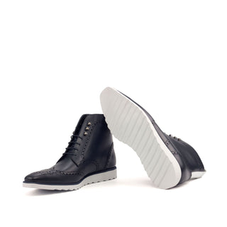Ambrogio 2607 Bespoke Custom Men's Shoes Navy & White Calf-Skin Leather Military Brogue Boots (AMB1417)-AmbrogioShoes